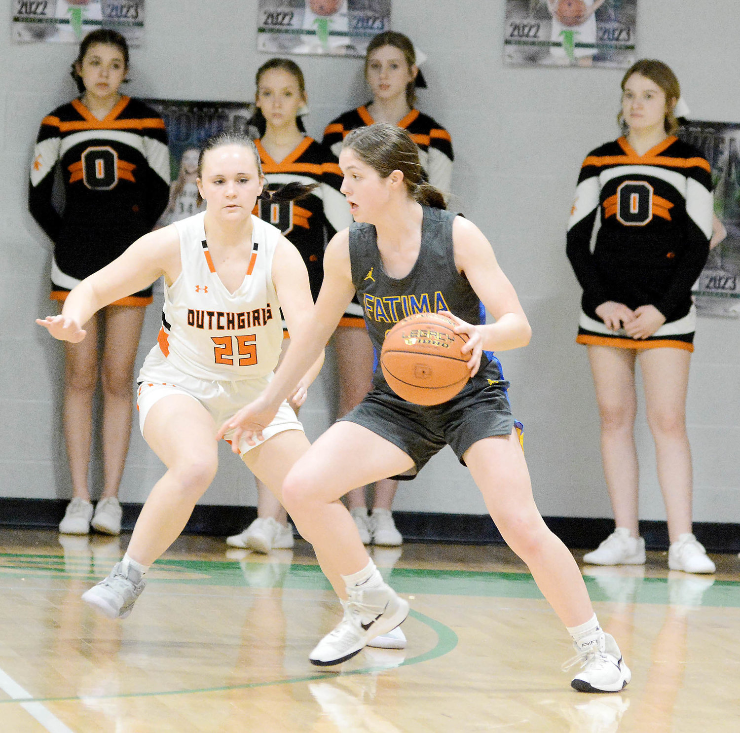 Anya Binkhoelter (left) keeps her eye on Fatima’s Lucy Crede handling the basketball during last Thursday’s MSHSAA Class 4, District 10 semifinals at Blair Oaks High School.